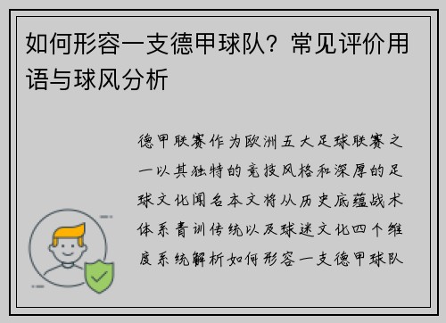 如何形容一支德甲球队？常见评价用语与球风分析