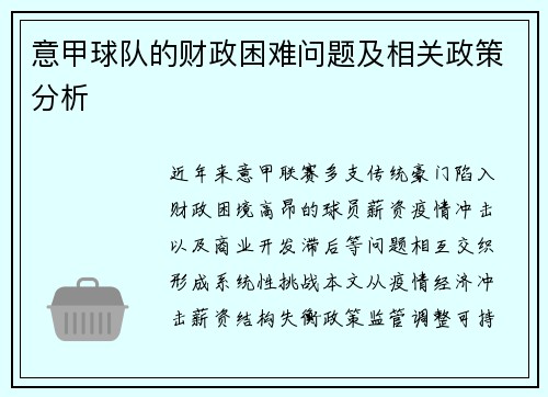 意甲球队的财政困难问题及相关政策分析