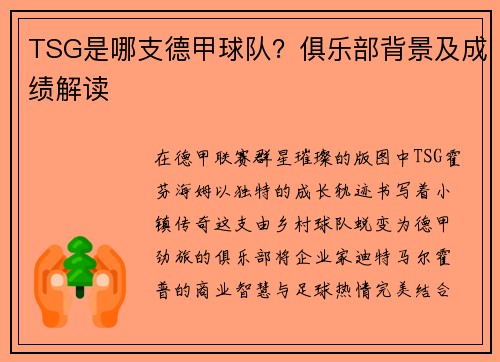 TSG是哪支德甲球队？俱乐部背景及成绩解读
